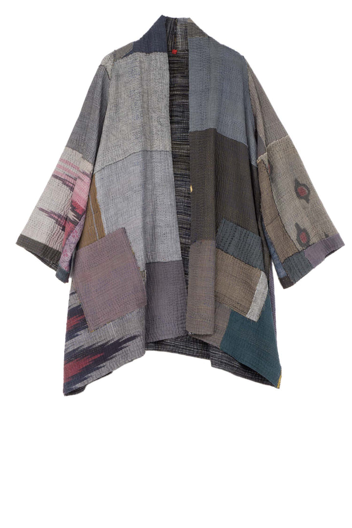 WOVEN IKAT & FRAYED PATCH KANTHA A-LINE JKT - wk4003-gry -