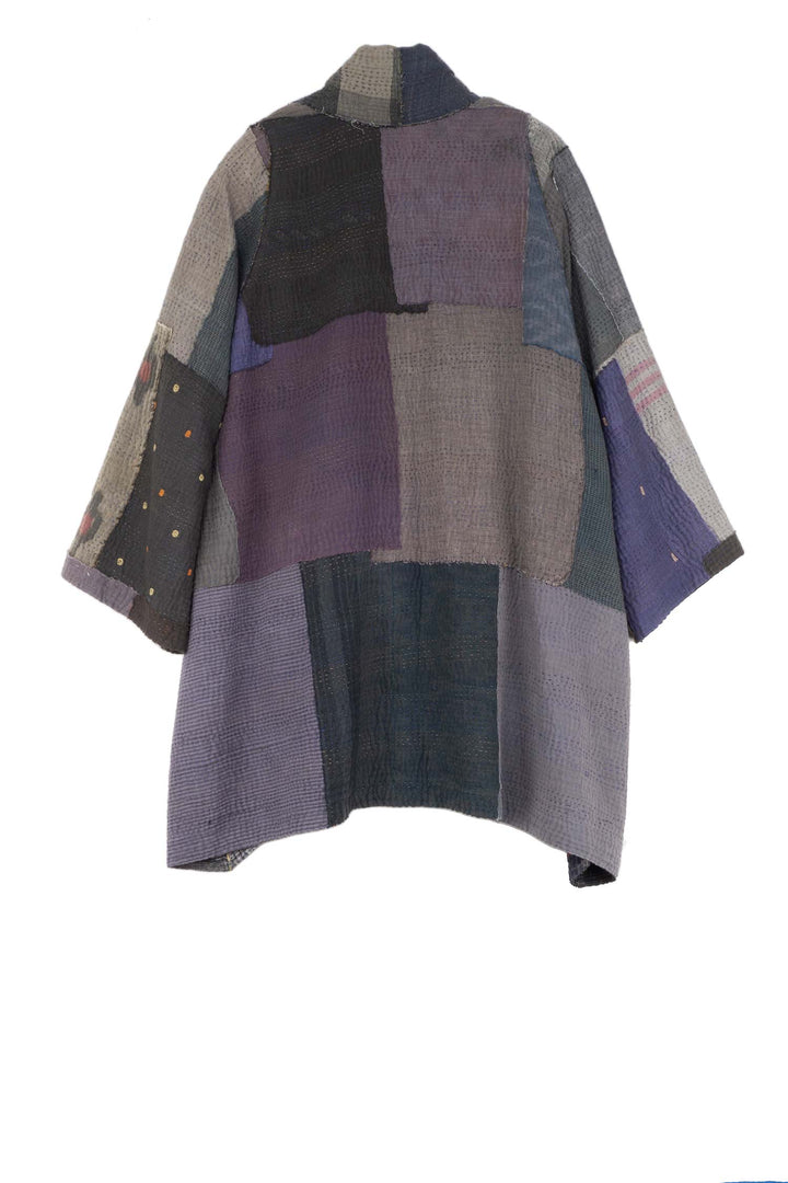 WOVEN IKAT & FRAYED PATCH KANTHA A-LINE JKT - wk4003-gry -