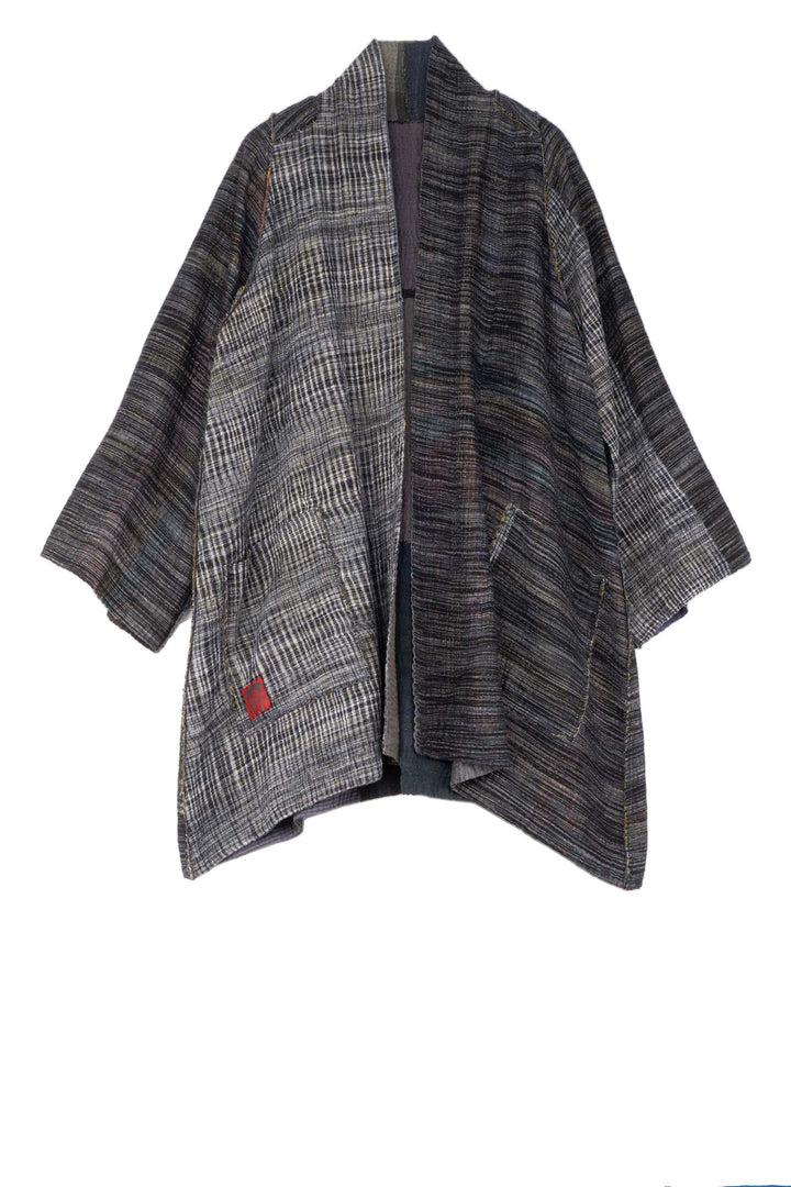 WOVEN IKAT & FRAYED PATCH KANTHA A-LINE JKT - wk4003-gry -