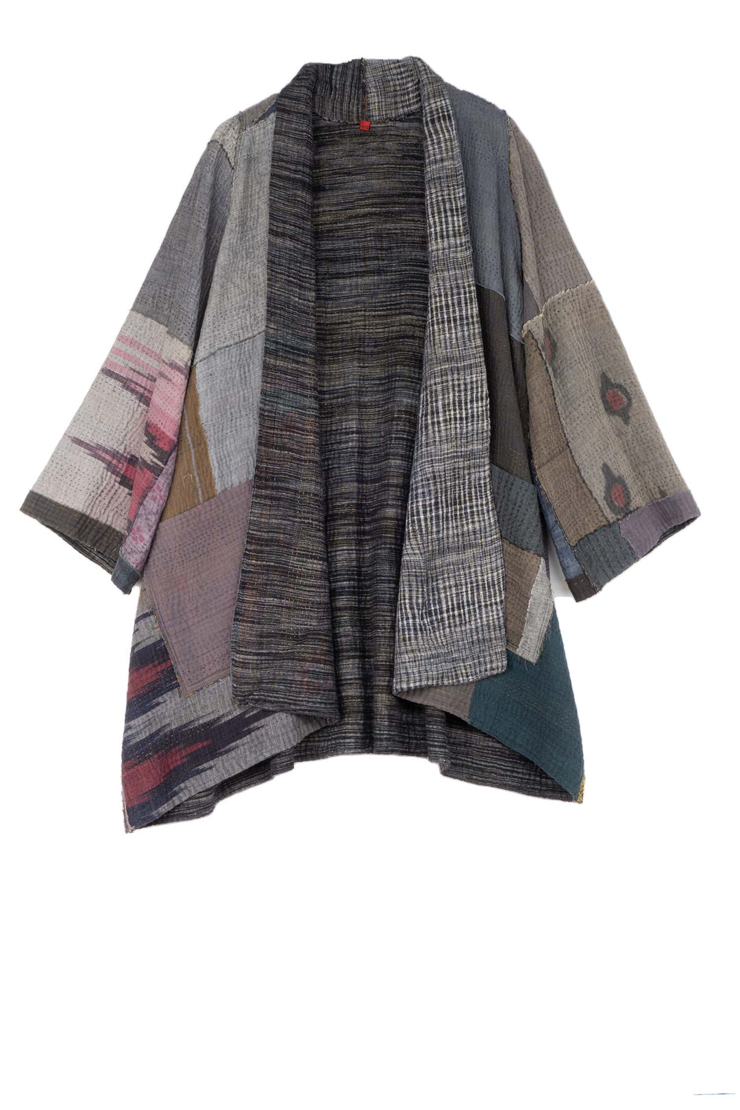 WOVEN IKAT & FRAYED PATCH KANTHA A-LINE JKT - wk4003-gry -