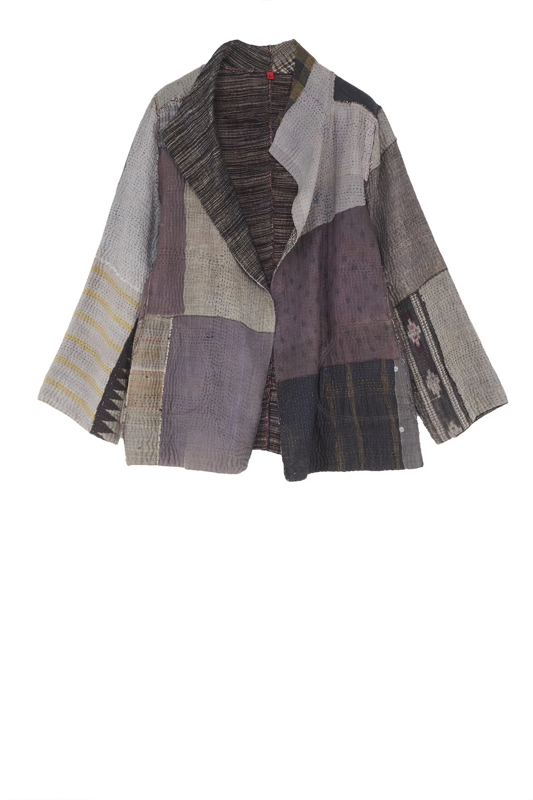 WOVEN IKAT & FRAYED PATCH KANTHA SHORT JKT - wk4007-gry -