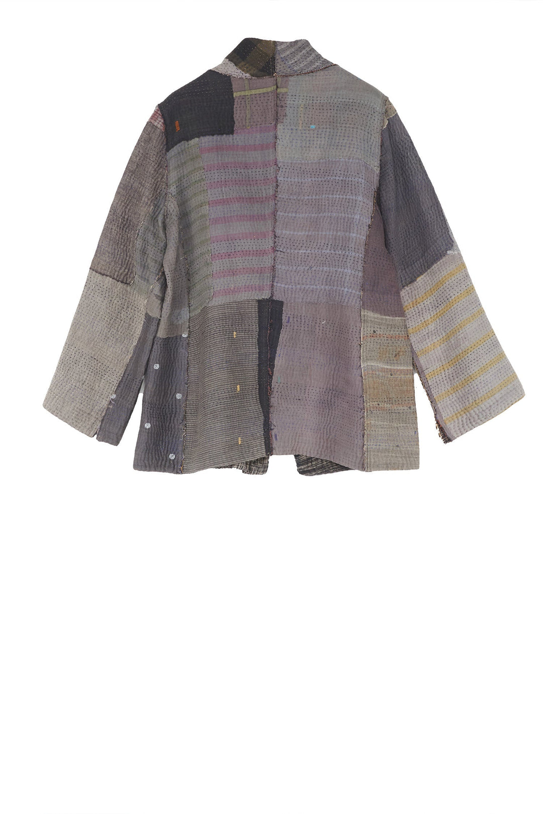 WOVEN IKAT & FRAYED PATCH KANTHA SHORT JKT - wk4007-gry -