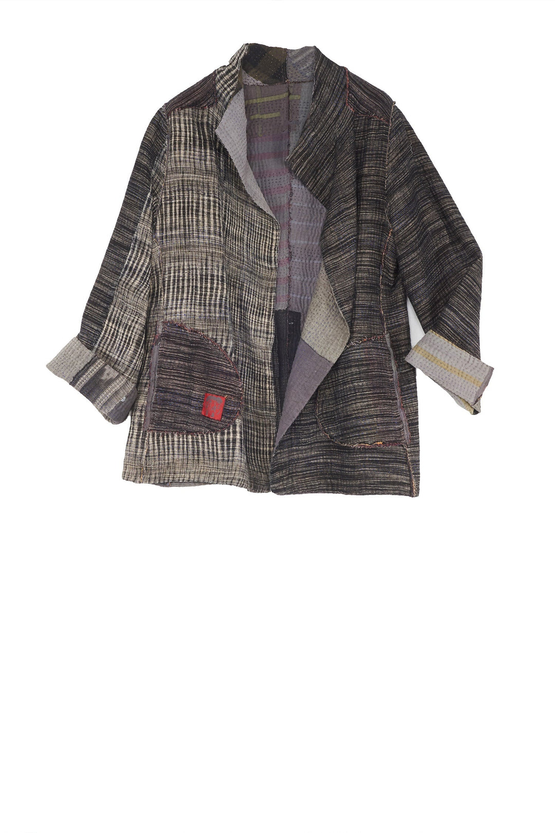 WOVEN IKAT & FRAYED PATCH KANTHA SHORT JKT - wk4007-gry -