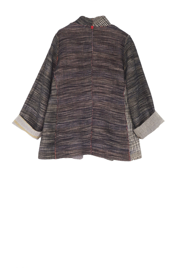 WOVEN IKAT & FRAYED PATCH KANTHA SHORT JKT - wk4007-gry -