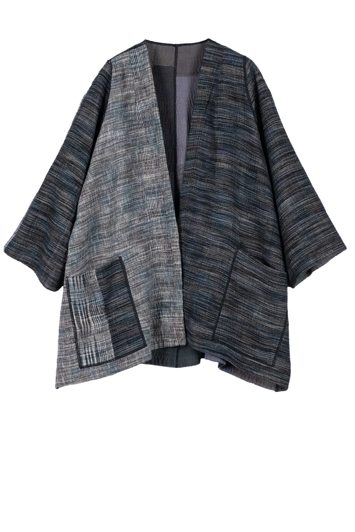 WOVEN IKAT & FRAYED PATCH KANTHA BELL SHAPE LONG JKT - wk4051-gry -