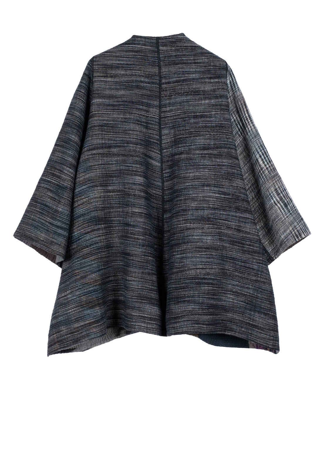 WOVEN IKAT & FRAYED PATCH KANTHA BELL SHAPE LONG JKT - wk4051-gry -