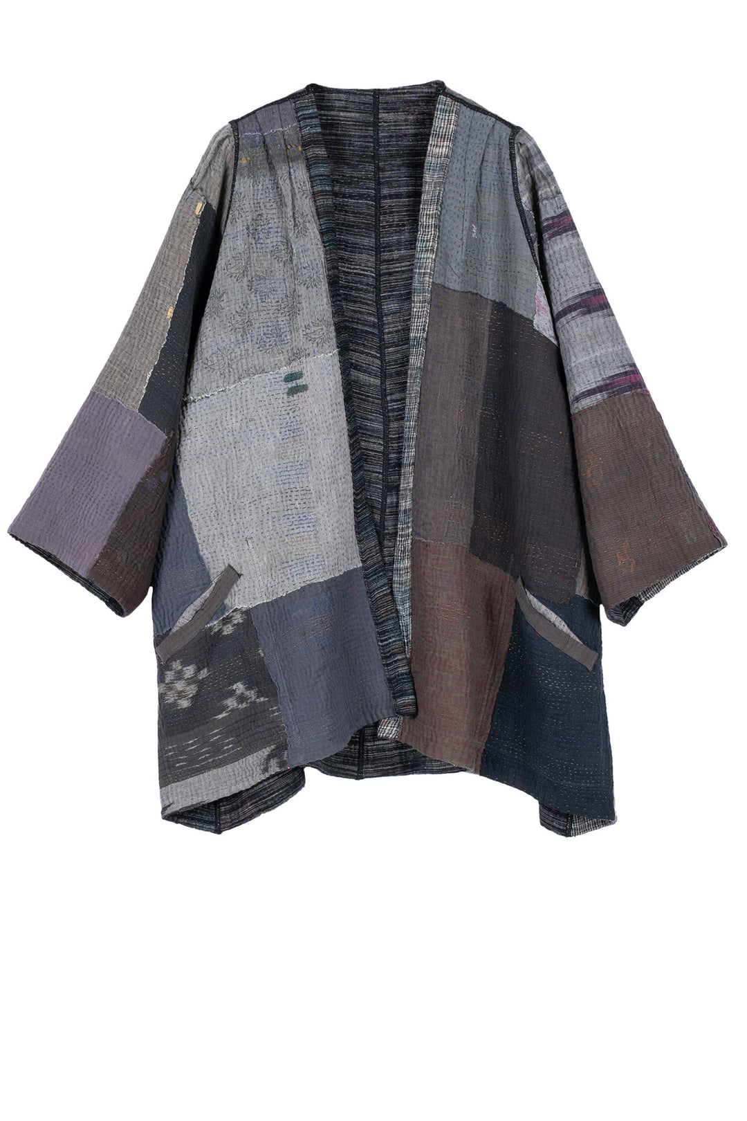 WOVEN IKAT & FRAYED PATCH KANTHA BELL SHAPE LONG JKT - wk4051-gry -