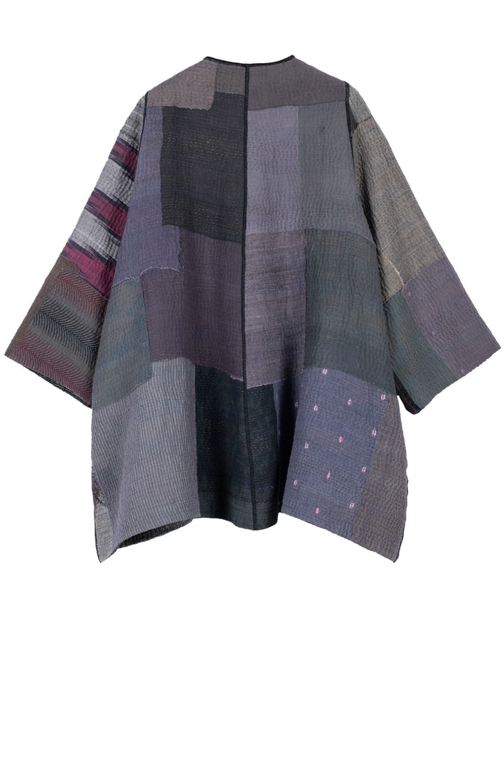 WOVEN IKAT & FRAYED PATCH KANTHA BELL SHAPE LONG JKT - wk4051-gry -