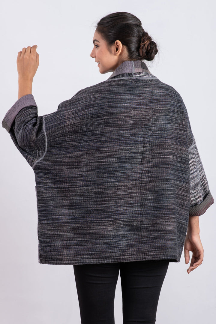 WOVEN IKAT & FRAYED PATCH KANTHA BIG POCKET JKT - wk4057-gry -