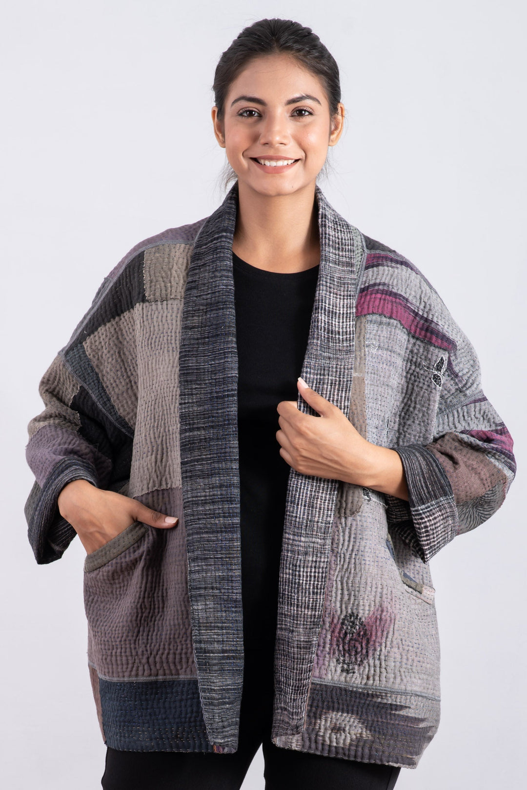 WOVEN IKAT & FRAYED PATCH KANTHA BIG POCKET JKT - wk4057-gry -