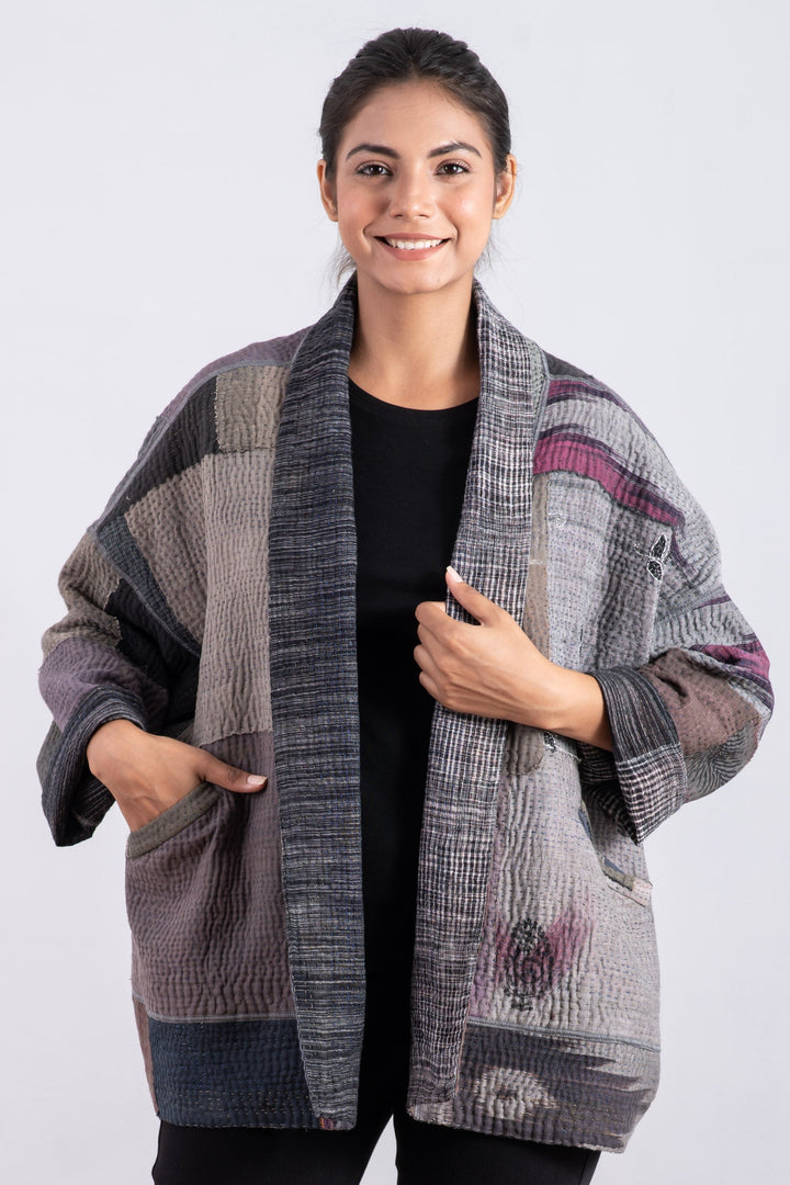 WOVEN IKAT & FRAYED PATCH KANTHA BIG POCKET JKT - wk4057-gry -