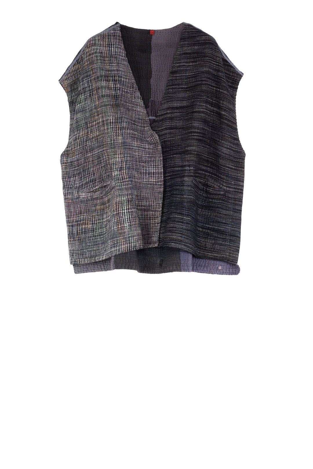 WOVEN IKAT & FRAYED PATCH KANTHA V-NECK BOXY VEST - wk4224-gry -