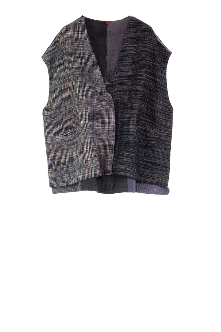 WOVEN IKAT & FRAYED PATCH KANTHA V-NECK BOXY VEST - wk4224-gry -