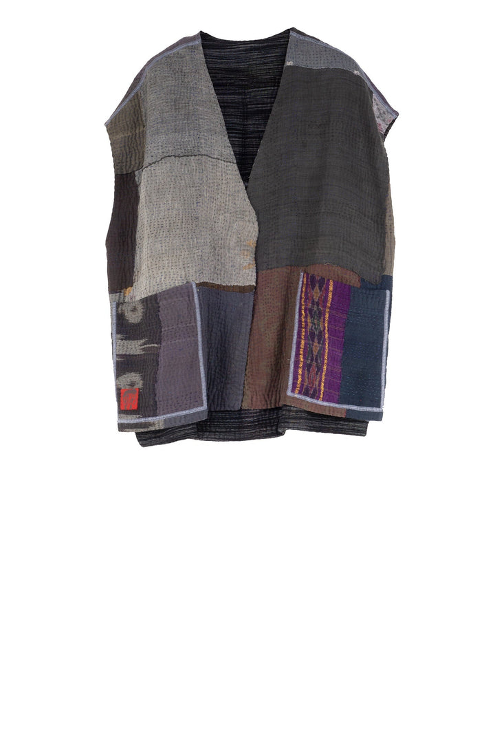 WOVEN IKAT & FRAYED PATCH KANTHA V-NECK BOXY VEST - wk4224-gry -
