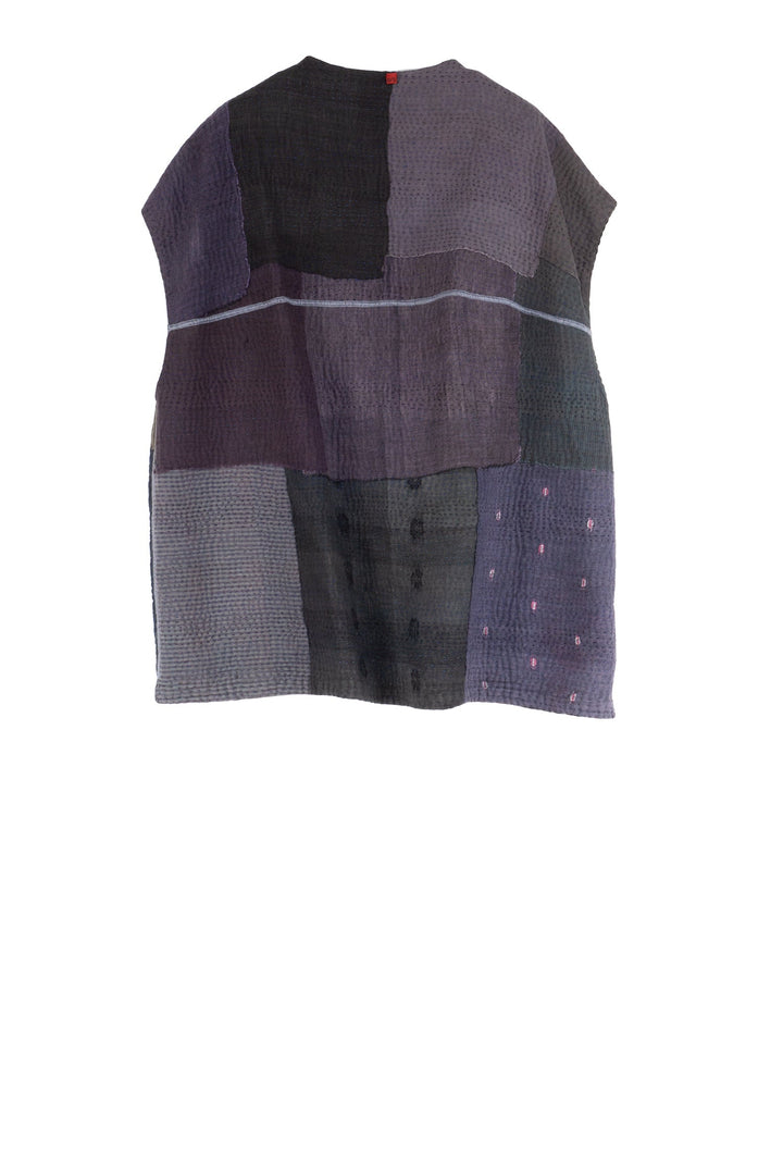 WOVEN IKAT & FRAYED PATCH KANTHA V-NECK BOXY VEST - wk4224-gry -