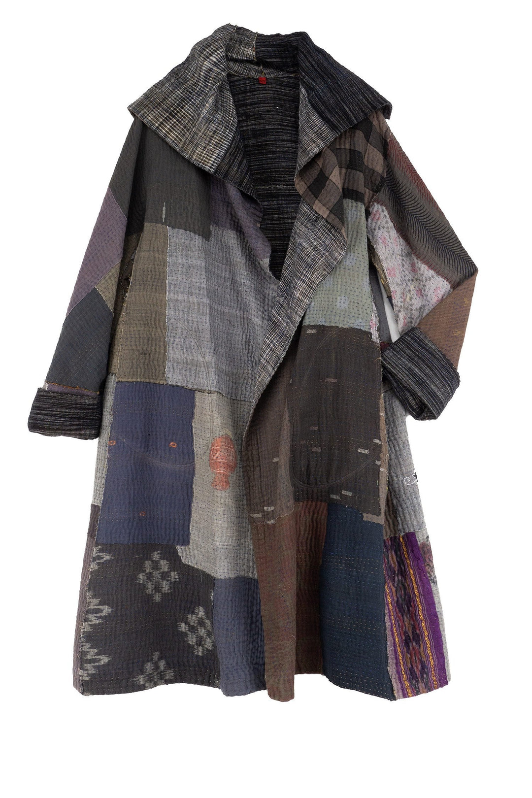 WOVEN IKAT & FRAYED PATCH KANTHA A-LINE COAT - wk4309-gry -