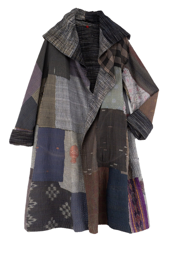 WOVEN IKAT & FRAYED PATCH KANTHA A-LINE COAT - wk4309-gry -