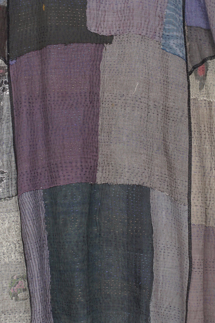 WOVEN IKAT & FRAYED PATCH KANTHA A-LINE COAT - wk4309-gry -