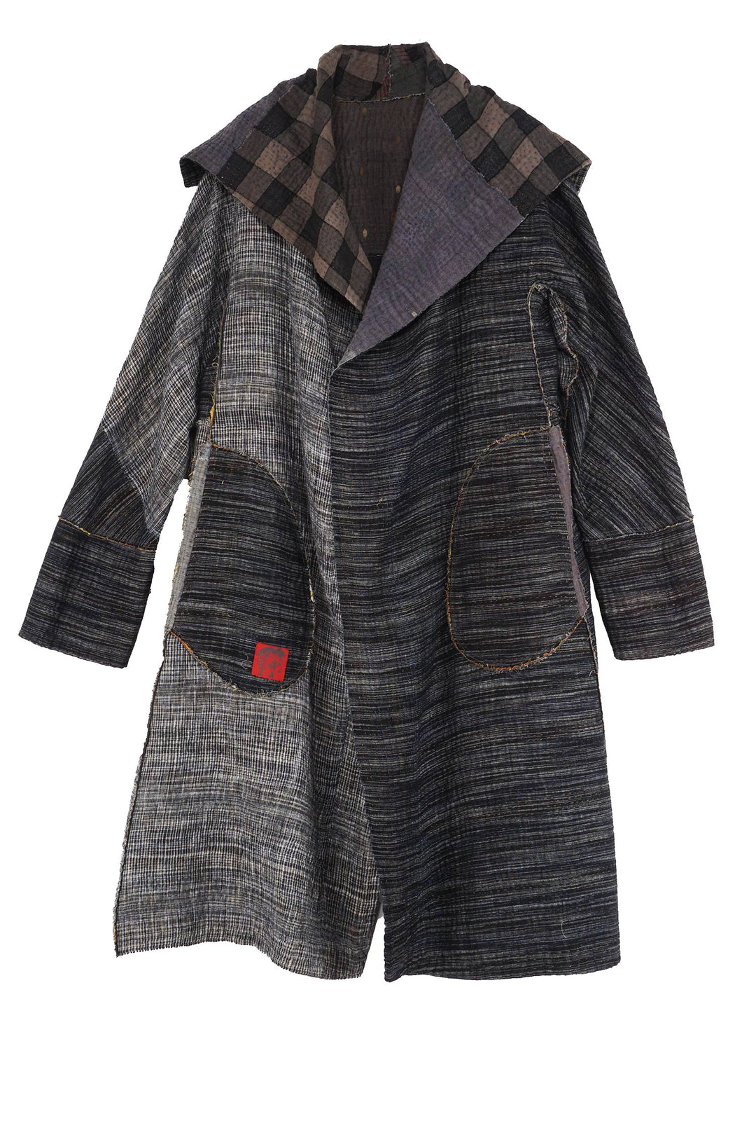 WOVEN IKAT & FRAYED PATCH KANTHA A-LINE COAT - wk4309-gry -