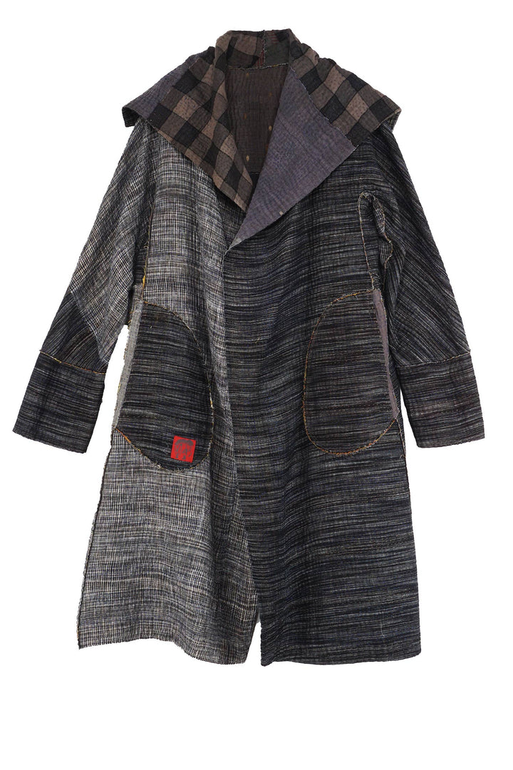 WOVEN IKAT & FRAYED PATCH KANTHA A-LINE COAT - wk4309-gry -