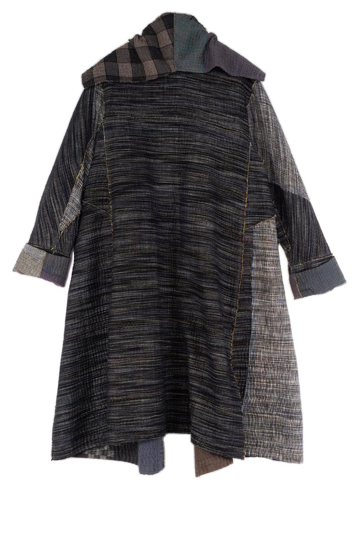WOVEN IKAT & FRAYED PATCH KANTHA A-LINE COAT - wk4309-gry -