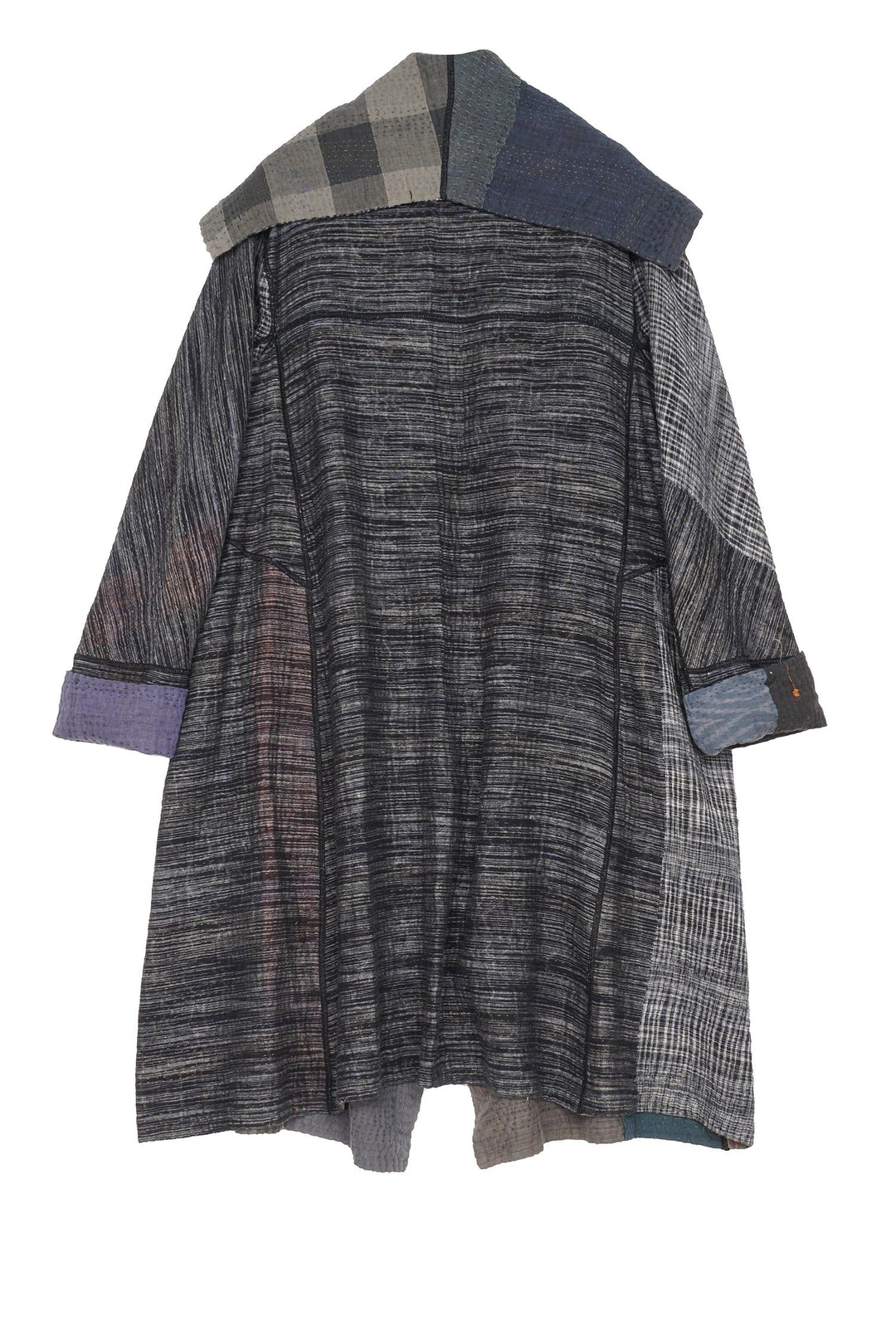 WOVEN IKAT & FRAYED PATCH KANTHA A-LINE COAT - wk4309-gry -