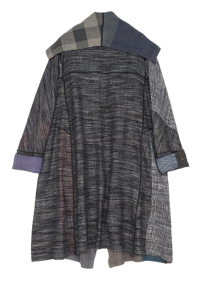 WOVEN IKAT & FRAYED PATCH KANTHA A-LINE COAT - wk4309-gry -