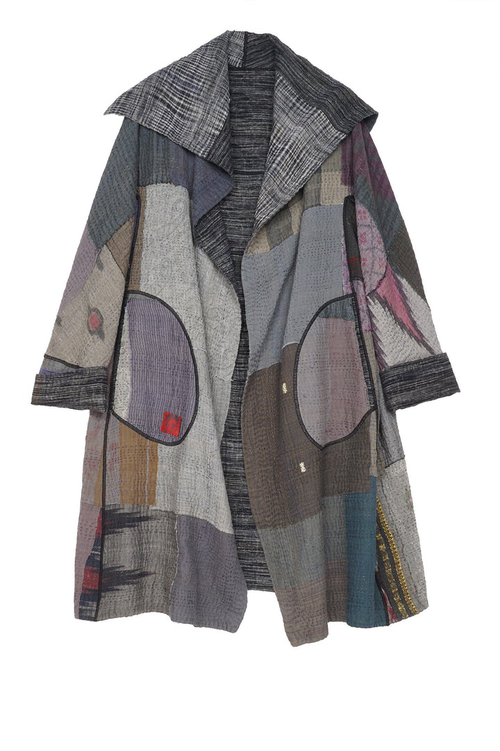 WOVEN IKAT & FRAYED PATCH KANTHA A-LINE COAT - wk4309-gry -