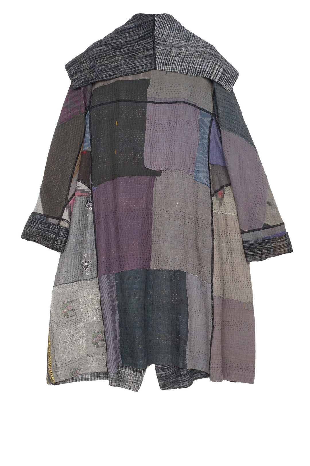 WOVEN IKAT & FRAYED PATCH KANTHA A-LINE COAT - wk4309-gry -