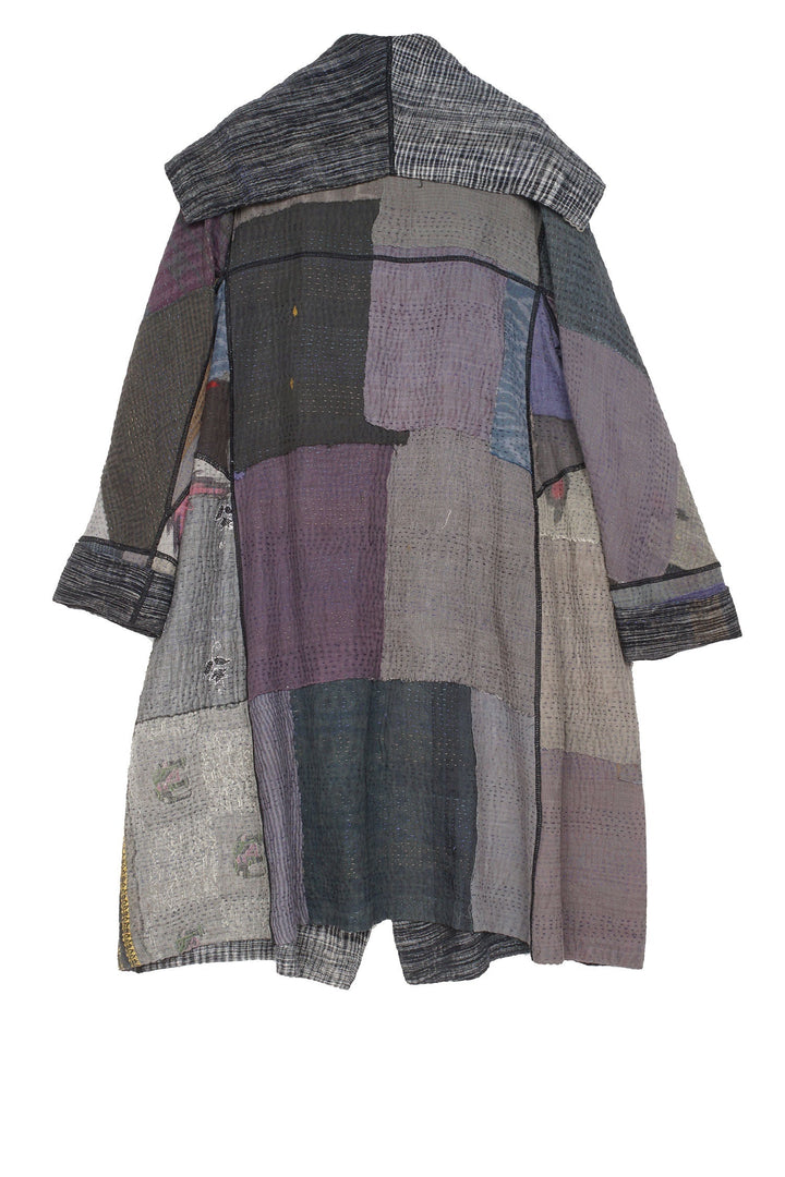 WOVEN IKAT & FRAYED PATCH KANTHA A-LINE COAT - wk4309-gry -
