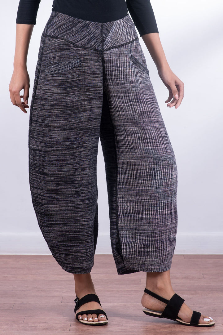 WOVEN IKAT & FRAYED PATCH KANTHA LANTERN PANTS - wk4634-gry -