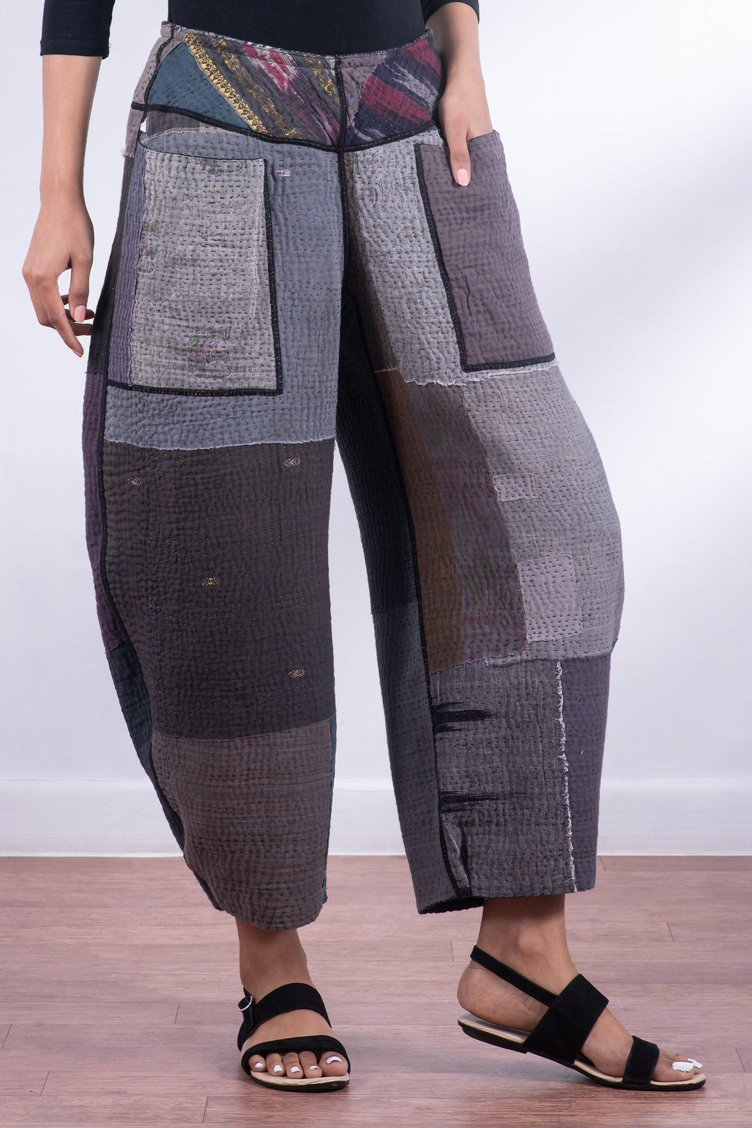 WOVEN IKAT & FRAYED PATCH KANTHA LANTERN PANTS - wk4634-gry -