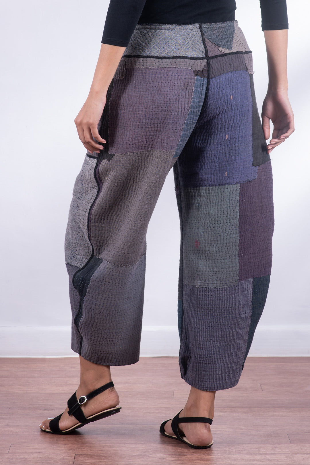 WOVEN IKAT & FRAYED PATCH KANTHA LANTERN PANTS - wk4634-gry -