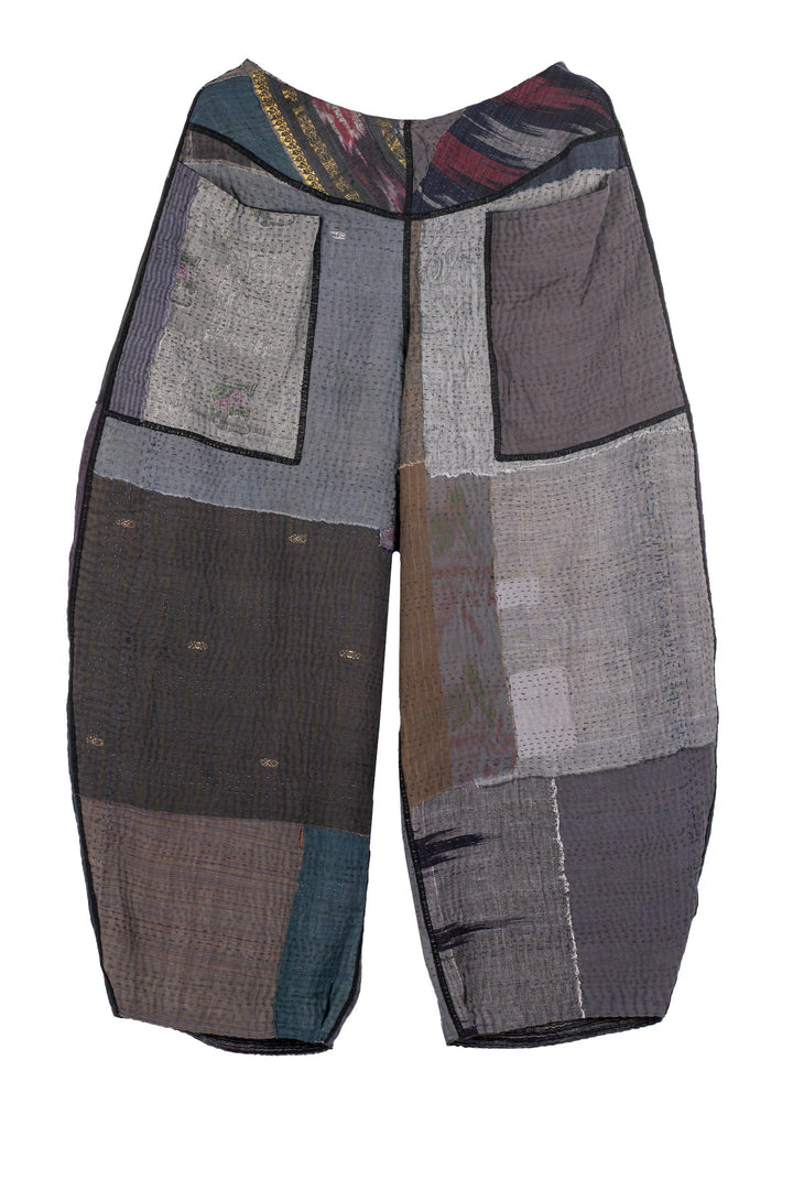 WOVEN IKAT & FRAYED PATCH KANTHA LANTERN PANTS - wk4634-gry -