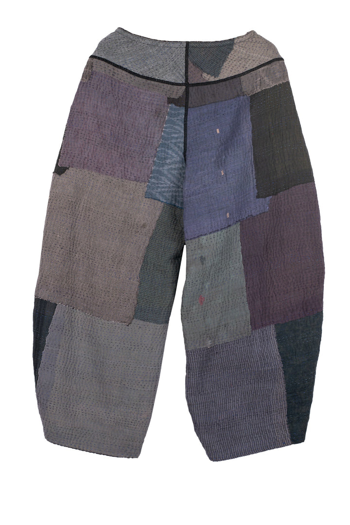 WOVEN IKAT & FRAYED PATCH KANTHA LANTERN PANTS - wk4634-gry -