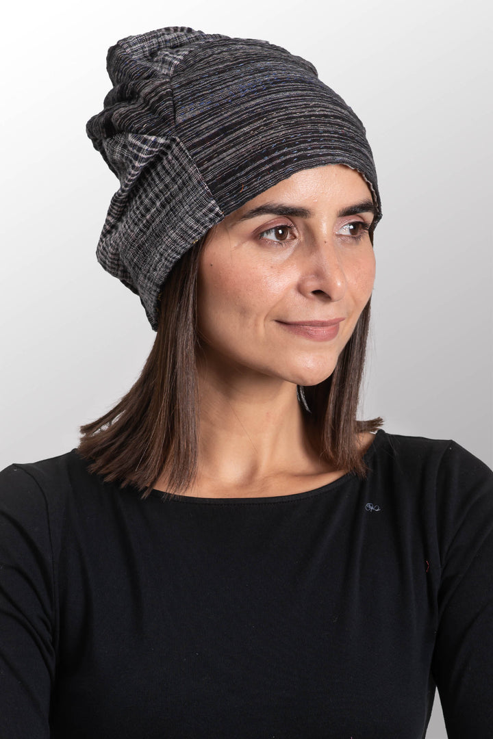 WOVEN IKAT & FRAYED PATCH KANTHA PATCHWORK HAT - wk4880-gry -