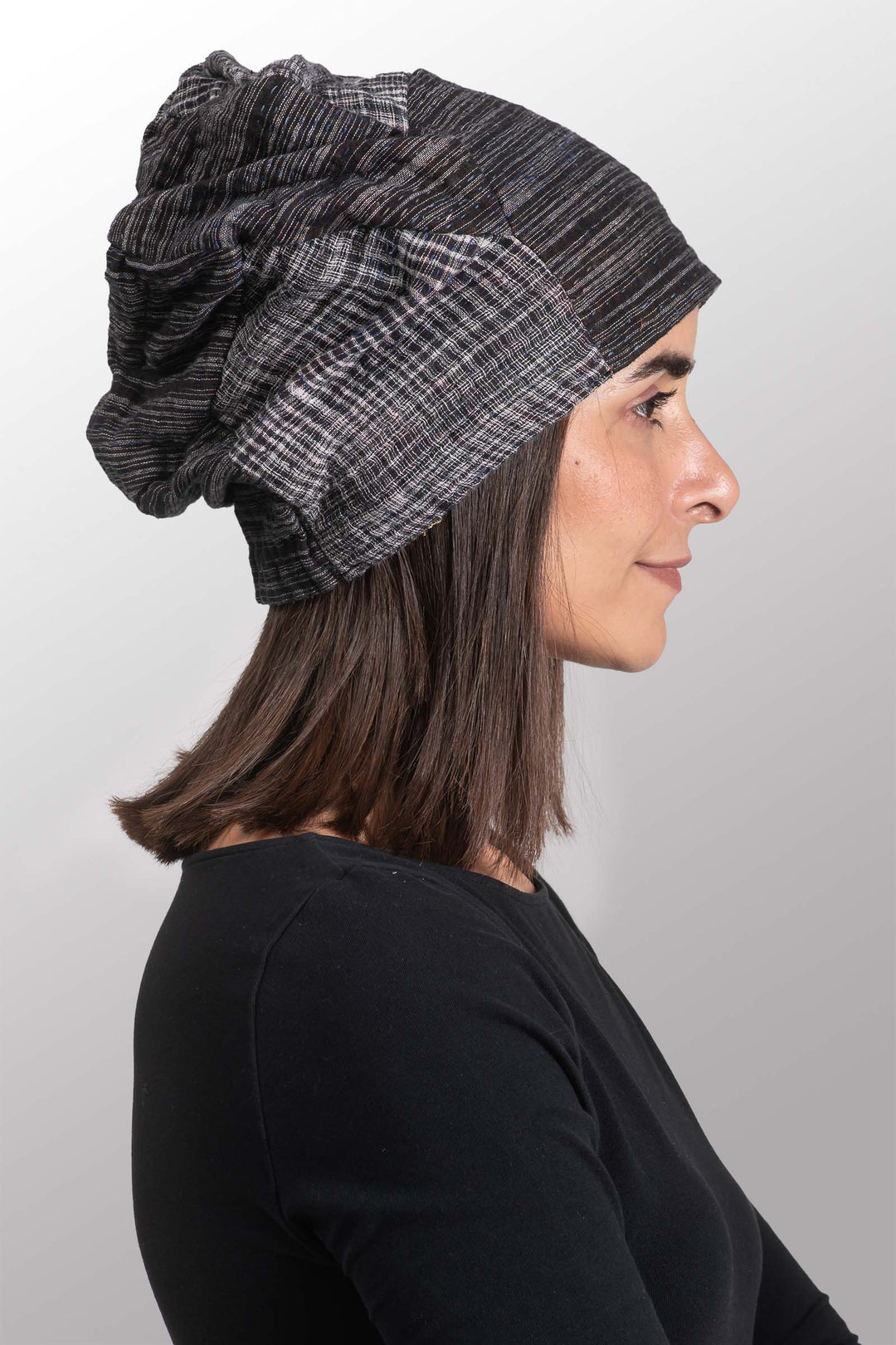 WOVEN IKAT & FRAYED PATCH KANTHA PATCHWORK HAT - wk4880-gry -