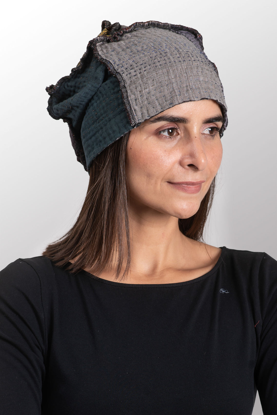 WOVEN IKAT & FRAYED PATCH KANTHA PATCHWORK HAT - wk4880-gry -