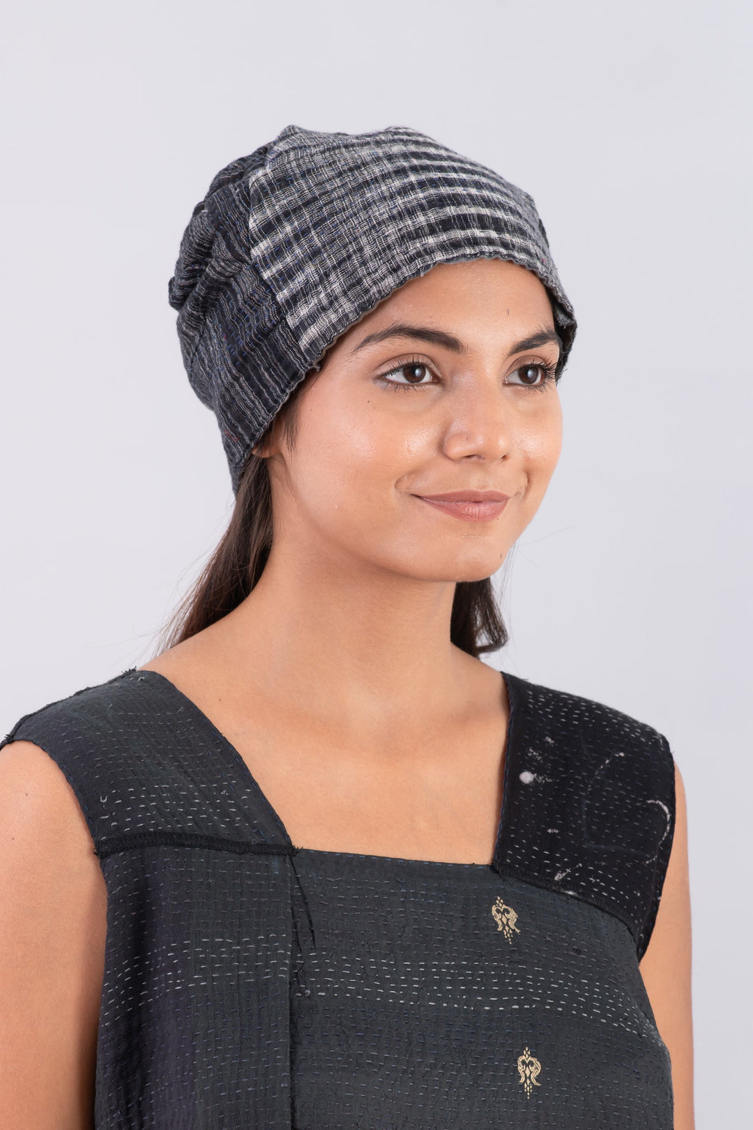 WOVEN IKAT & FRAYED PATCH KANTHA PATCHWORK HAT - wk4880-gry -