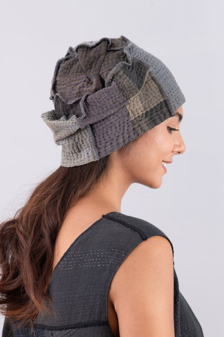 WOVEN IKAT & FRAYED PATCH KANTHA PATCHWORK HAT - wk4880-gry -