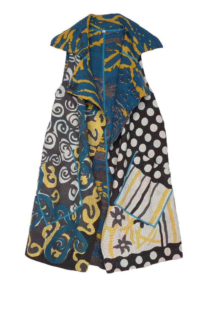 WHITE NIGHT KANTHA DOUBLE BREASTED VEST - wn4216-blu -