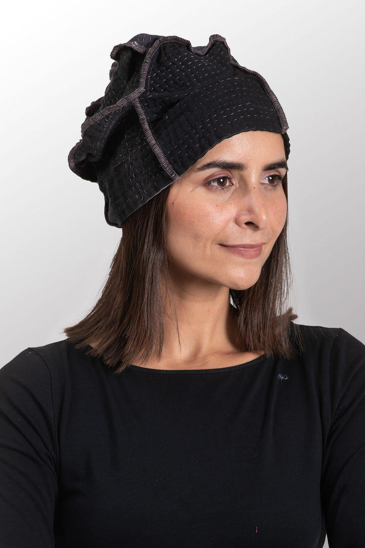 COTTON SILK SW PATCH OMBRE KANTHA PATCHWORK HAT - wo2880-blk -