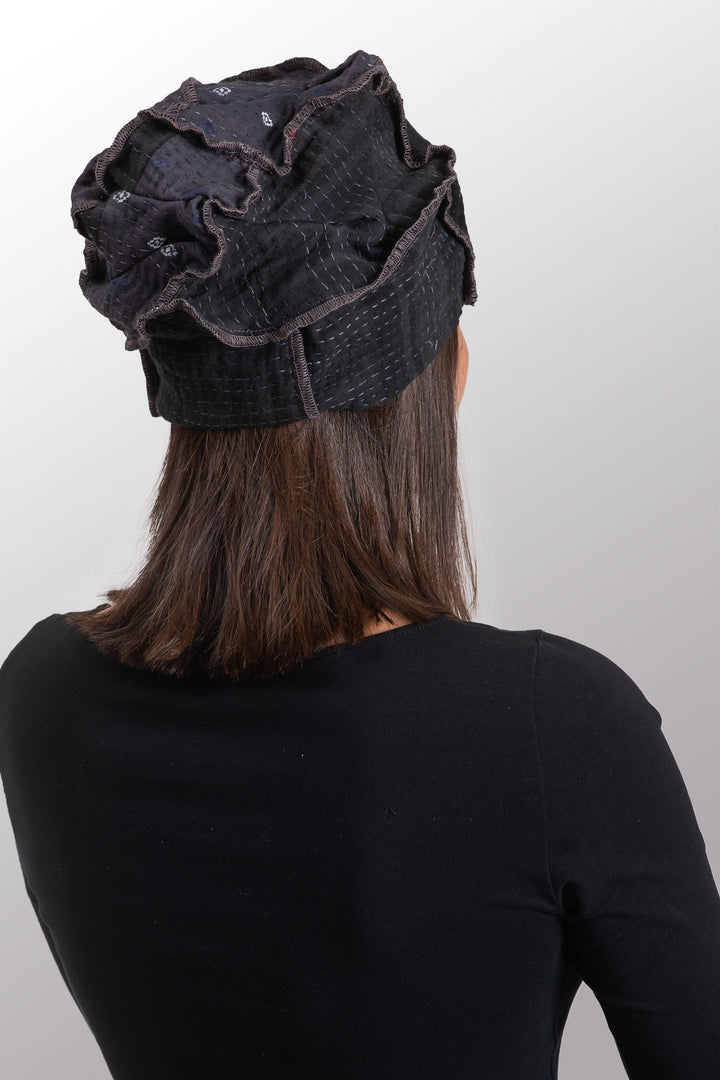 COTTON SILK SW PATCH OMBRE KANTHA PATCHWORK HAT - wo2880-blk -