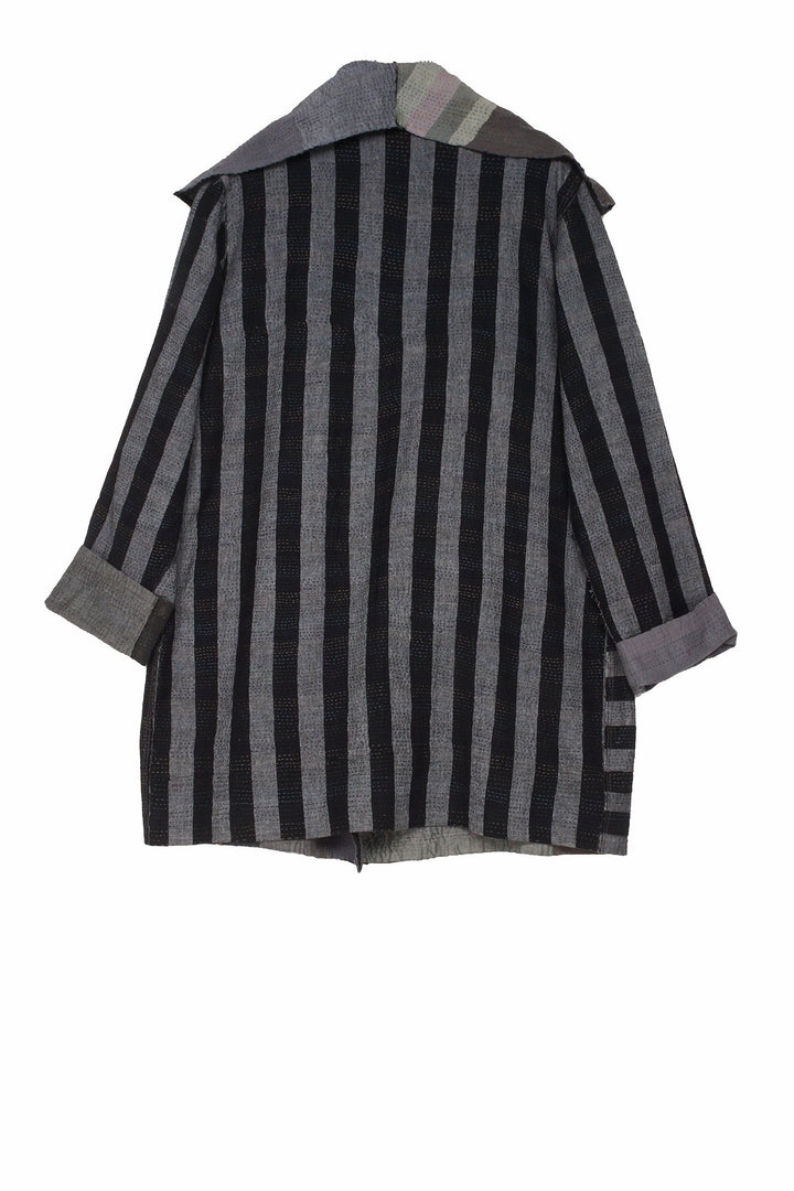 WOVEN STRIPE FRAYED PATCH BACK KANTHA POCKET JKT - wp2002-gry -