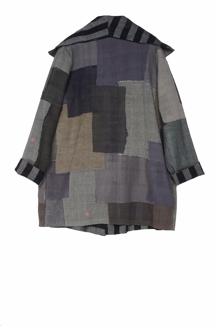 WOVEN STRIPE FRAYED PATCH BACK KANTHA POCKET JKT - wp2002-gry -
