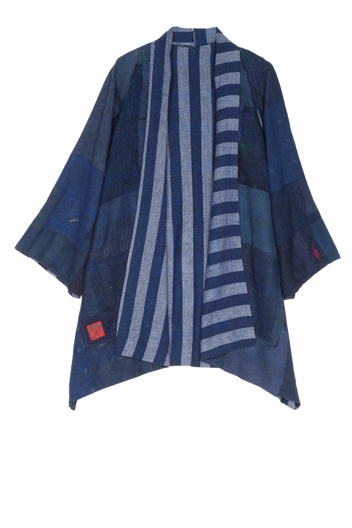 WOVEN STRIPE FRAYED PATCH BACK KANTHA A-LINE JKT - wp2003-nvy -