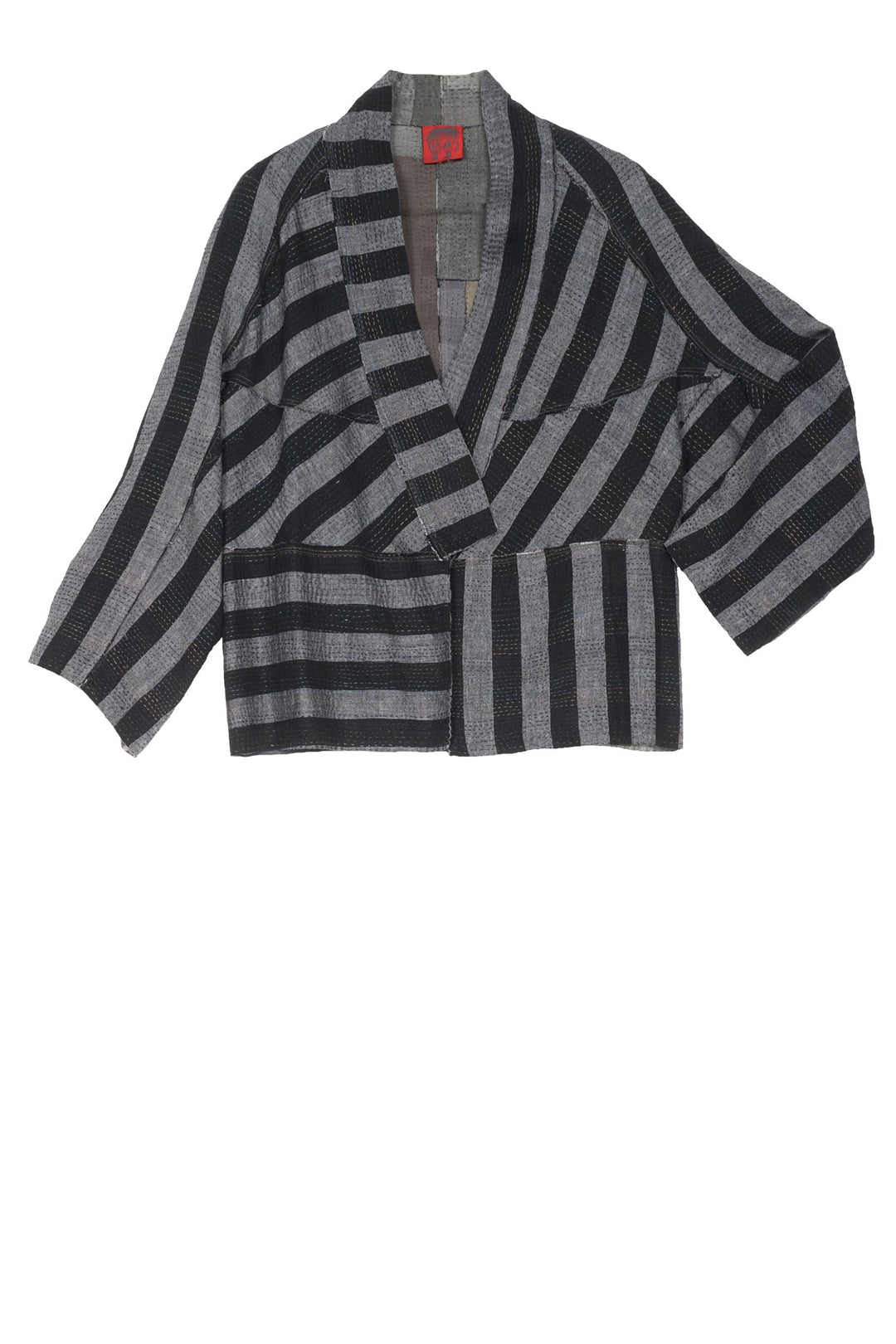 WOVEN STRIPE FRAYED PATCH BACK KANTHA DOLMAN SHORT JKT - wp2015-gry -