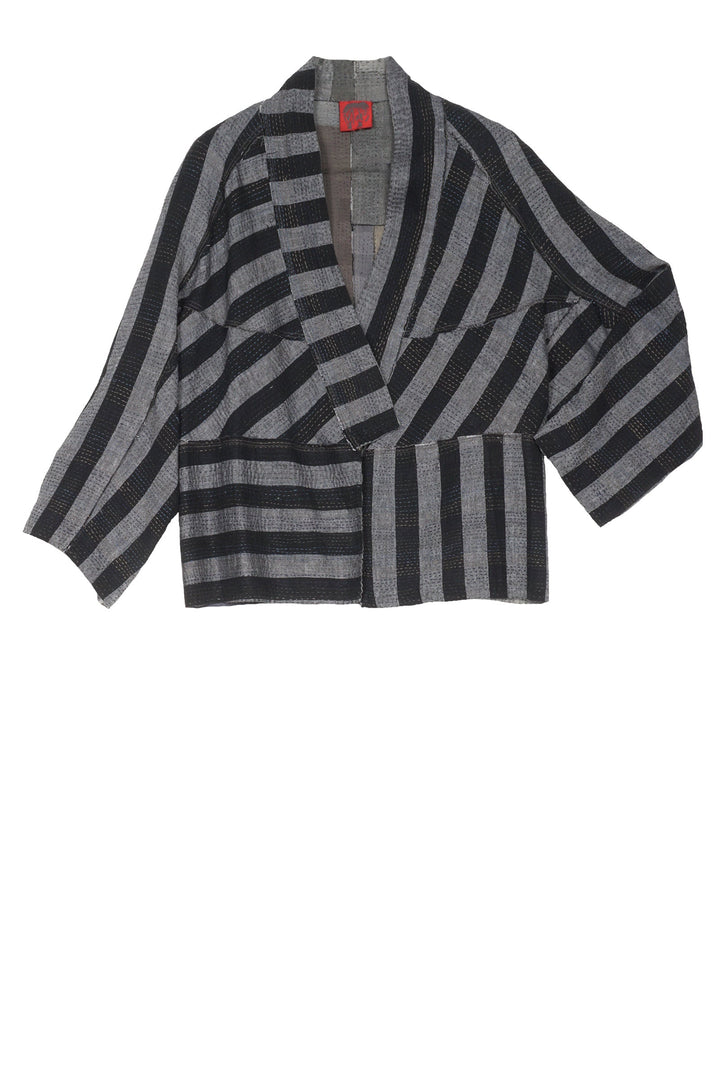 WOVEN STRIPE FRAYED PATCH BACK KANTHA DOLMAN SHORT JKT - wp2015-gry -