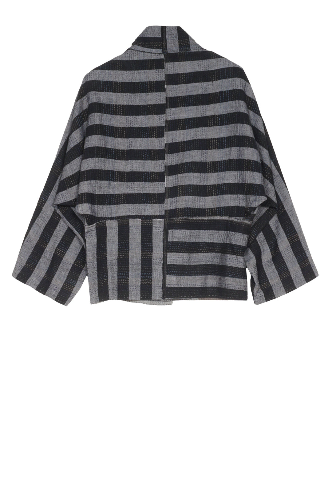 WOVEN STRIPE FRAYED PATCH BACK KANTHA DOLMAN SHORT JKT - wp2015-gry -