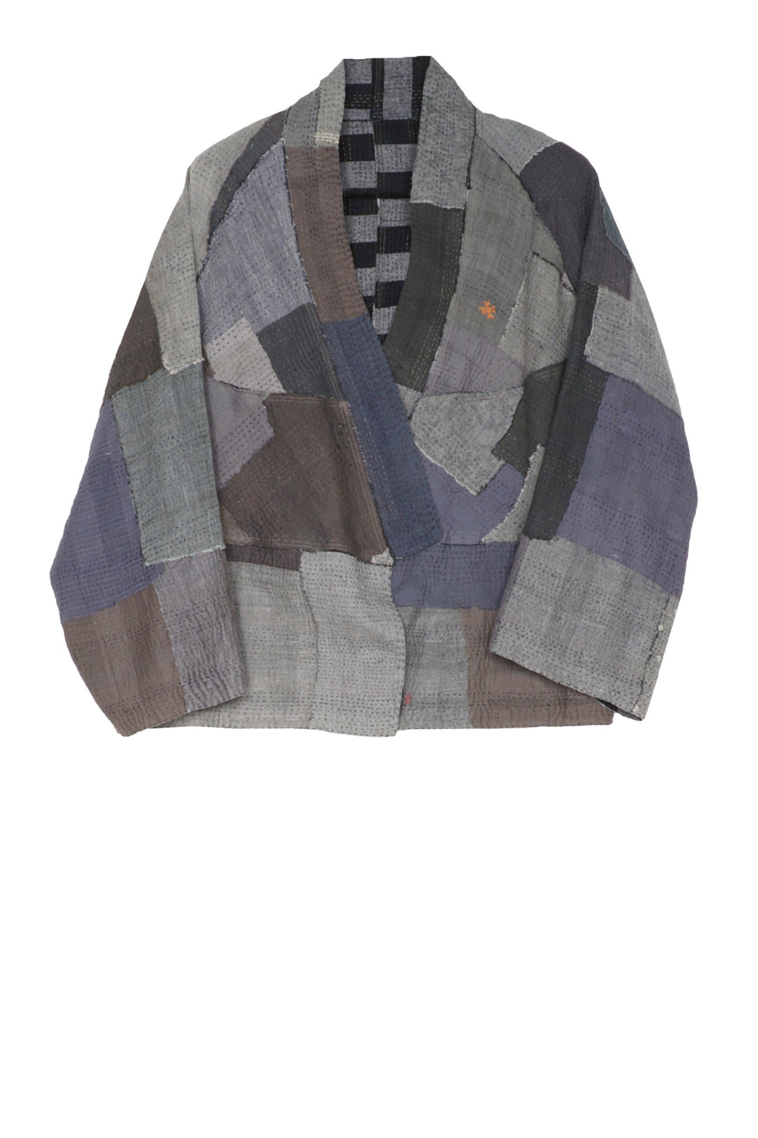WOVEN STRIPE FRAYED PATCH BACK KANTHA DOLMAN SHORT JKT - wp2015-gry -